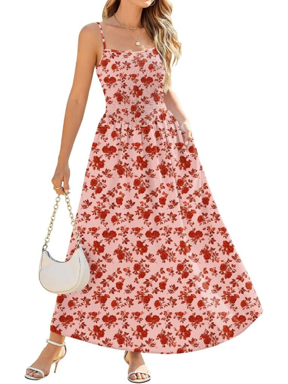 🆕Women's Dress Maxi Wine Red Polyester A Line Smocked Spaghetti Straps Sundress